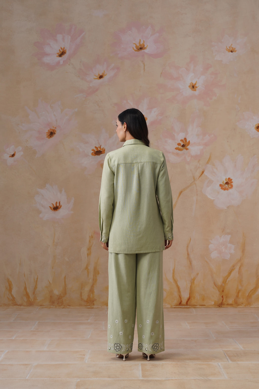 Sage Floral Embroidered Linen Blend Co-Ord Set