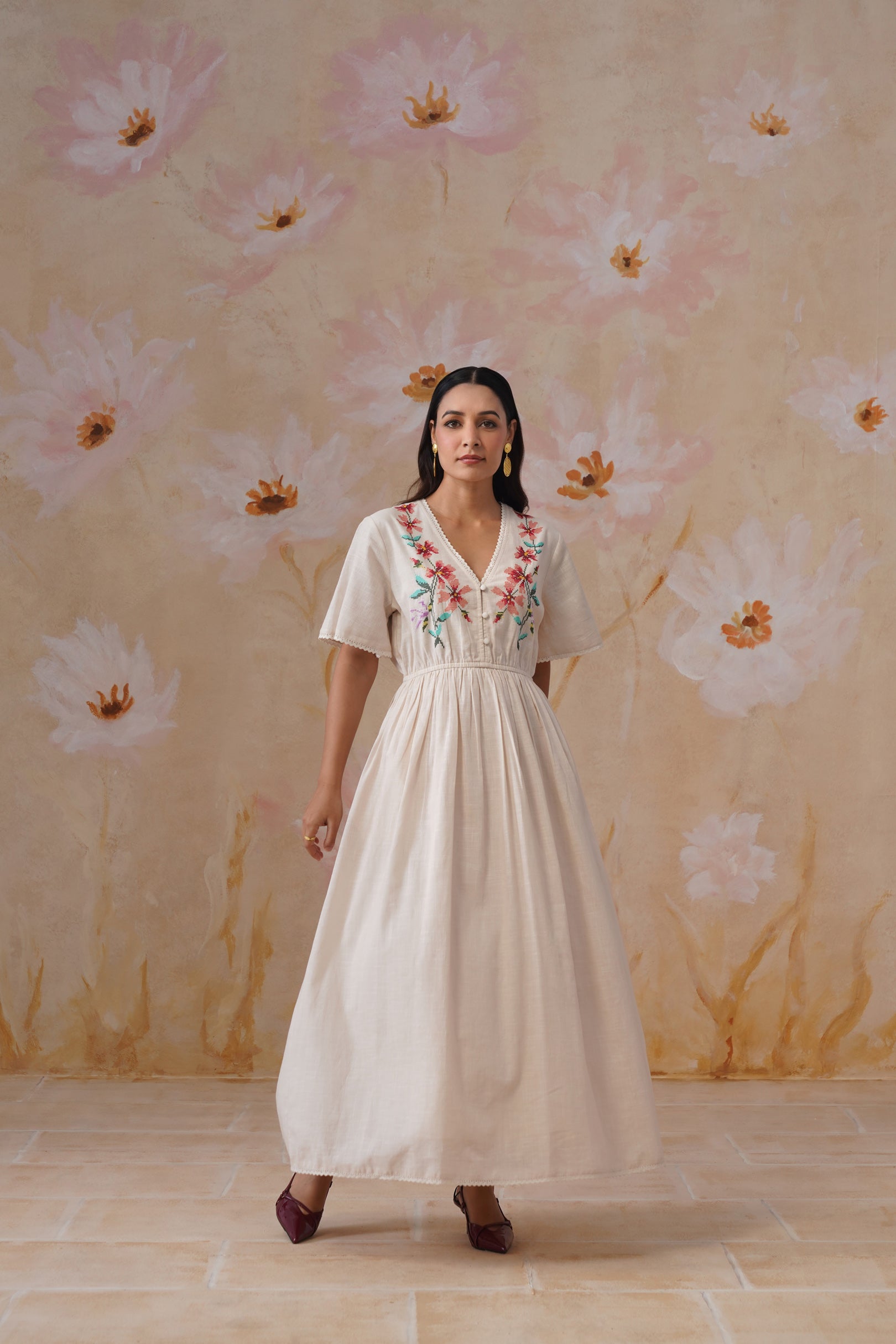 Ivory Floral Cross-Stitch Embroidery Maxi Dress