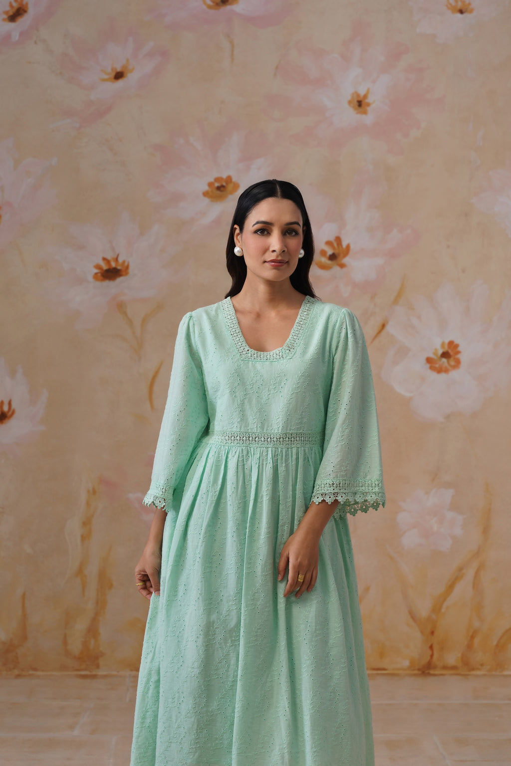 Mint Green Broderie Flared Midi Dress