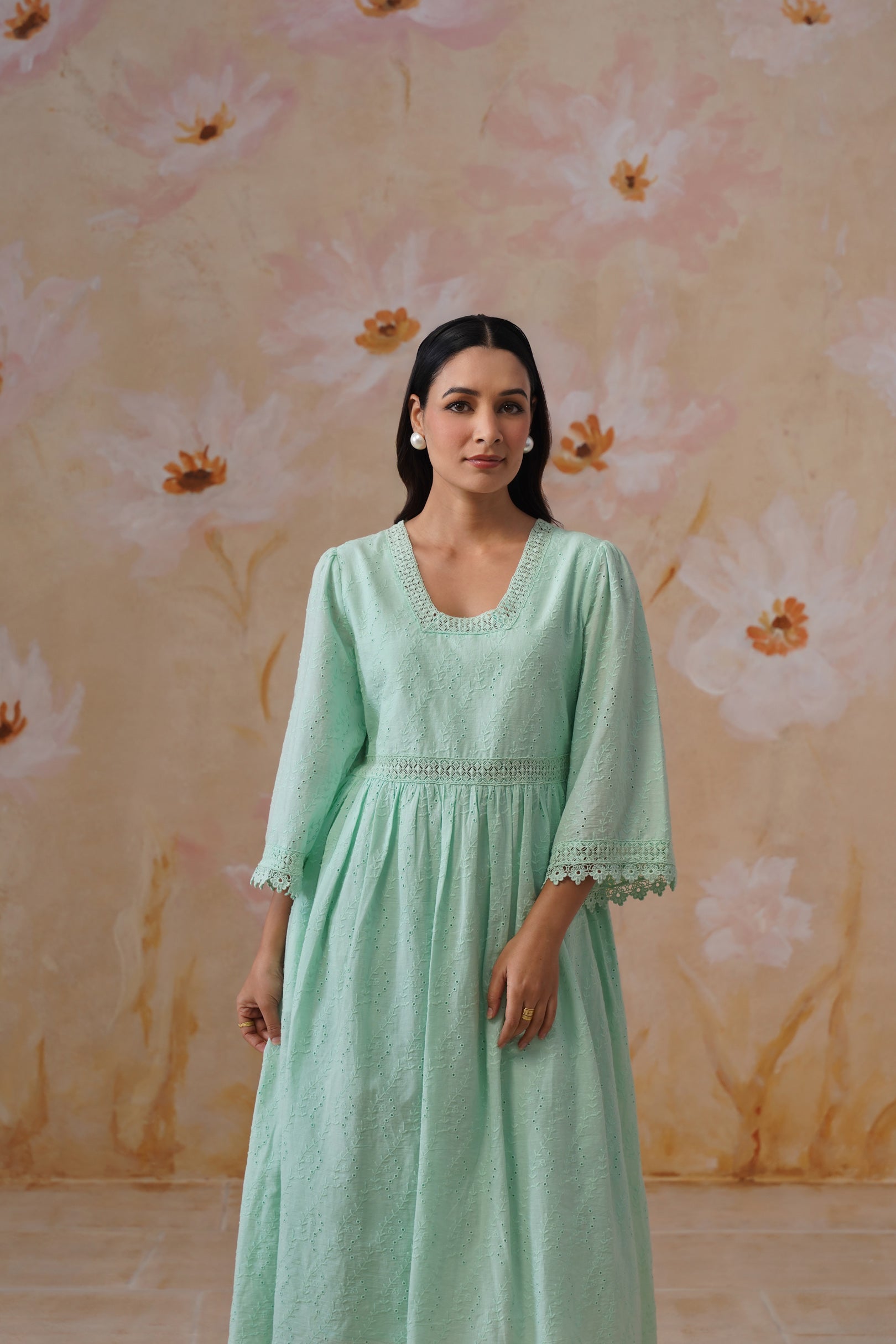 Mint Green Broderie Flared Midi Dress