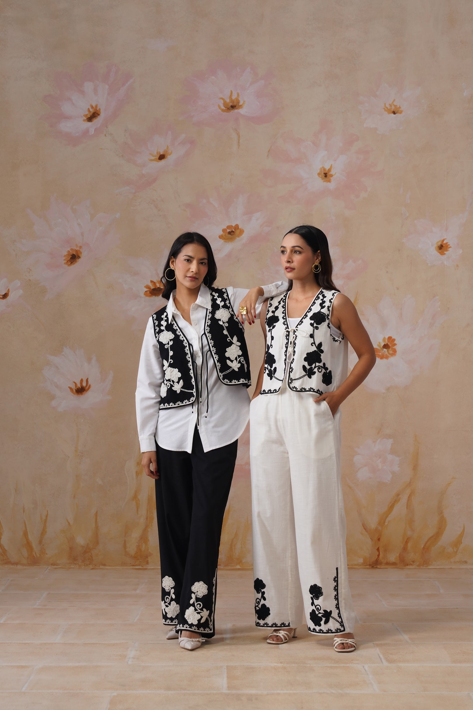 White & Noir Dori Embroidered Vest Set