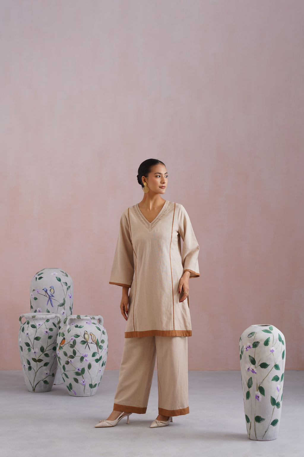 Beige Linen Blend Kurta Set with Pintucks Detailing