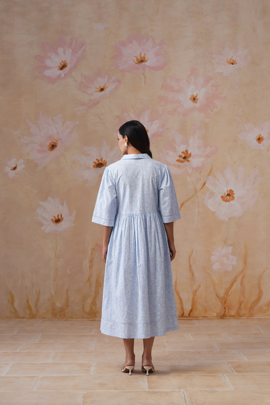 Blue and White Floral Printed Flared Midi Dress