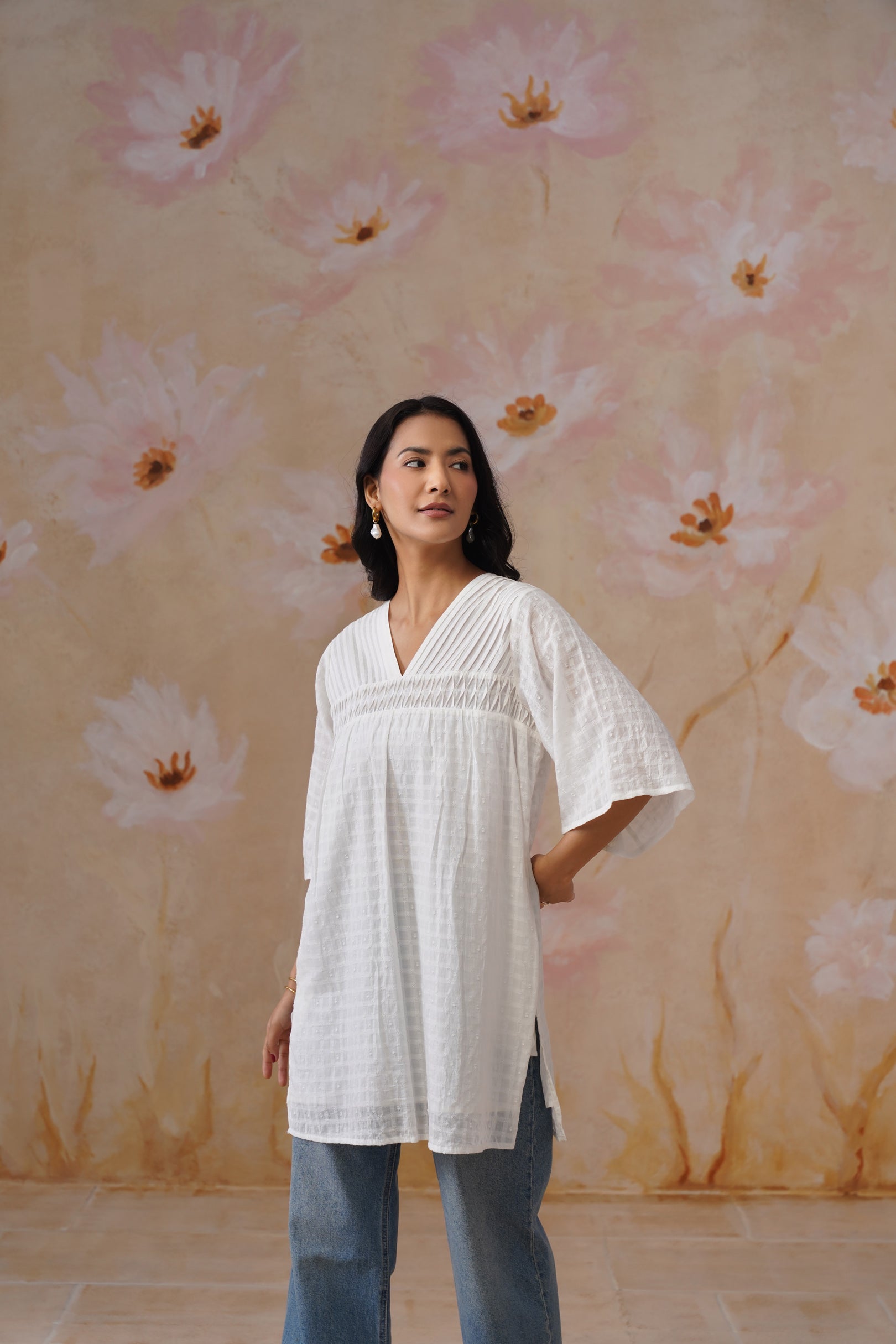 White Cotton Dobby Boxy Tunic with Pintukcs Detailing