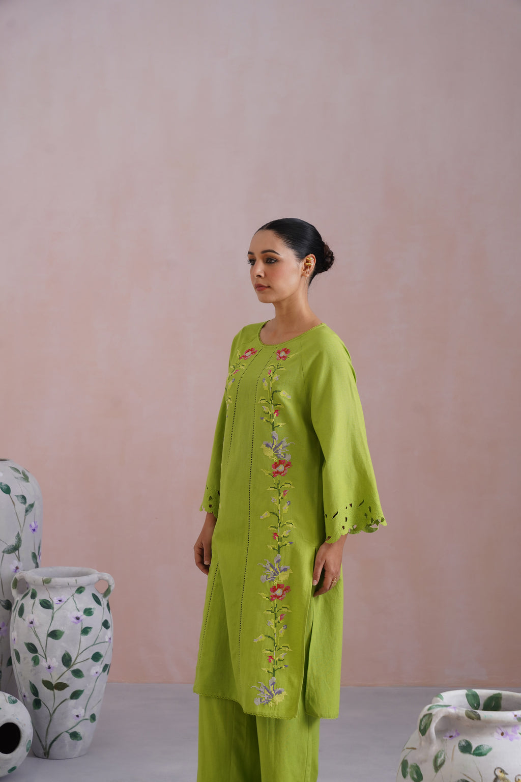Parrot Green Cross Stitch Embroidered Linen Blend Kurta Set with cutwork detailing