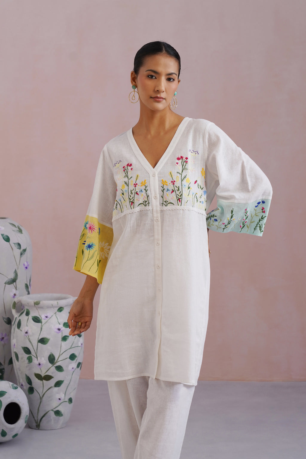 White Botanical Embroidered Cotton Linen Kurta Set
