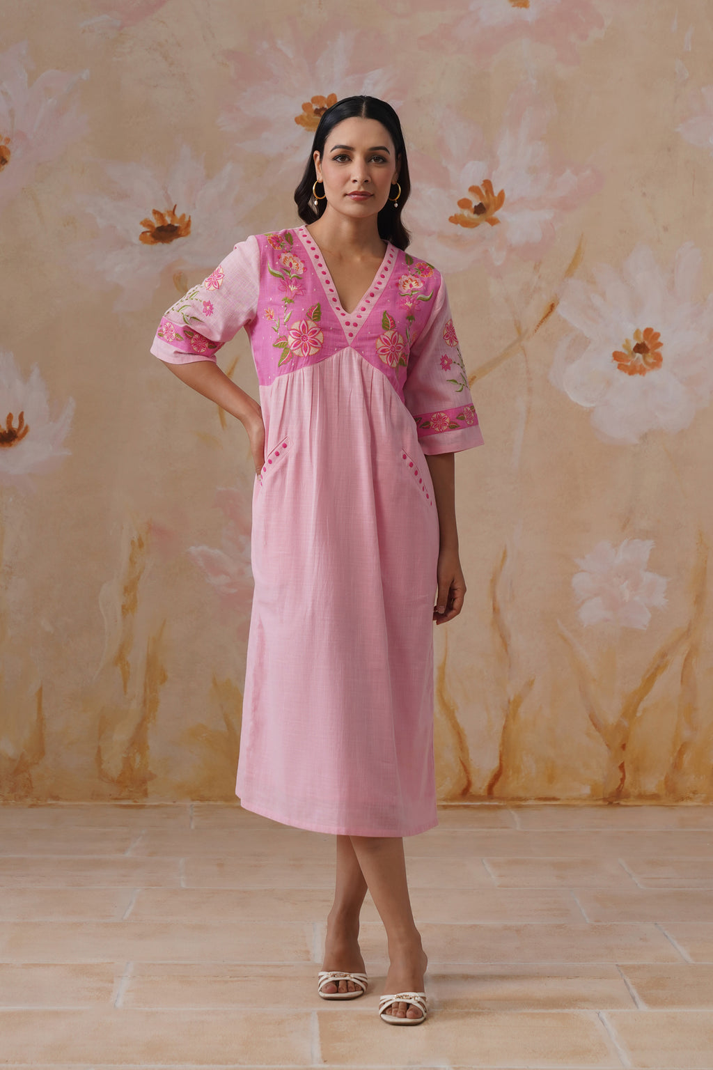 Blush Pink Floral Embroidered Midi Dress