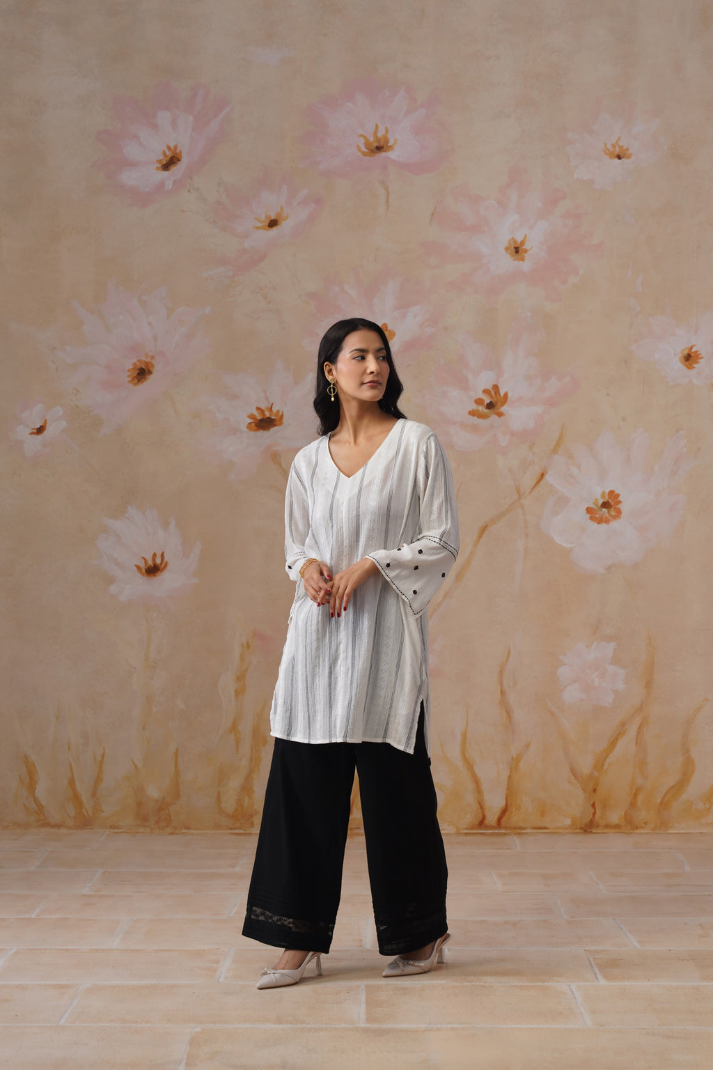 White Flowy Tunic with Sleeve Embroidery