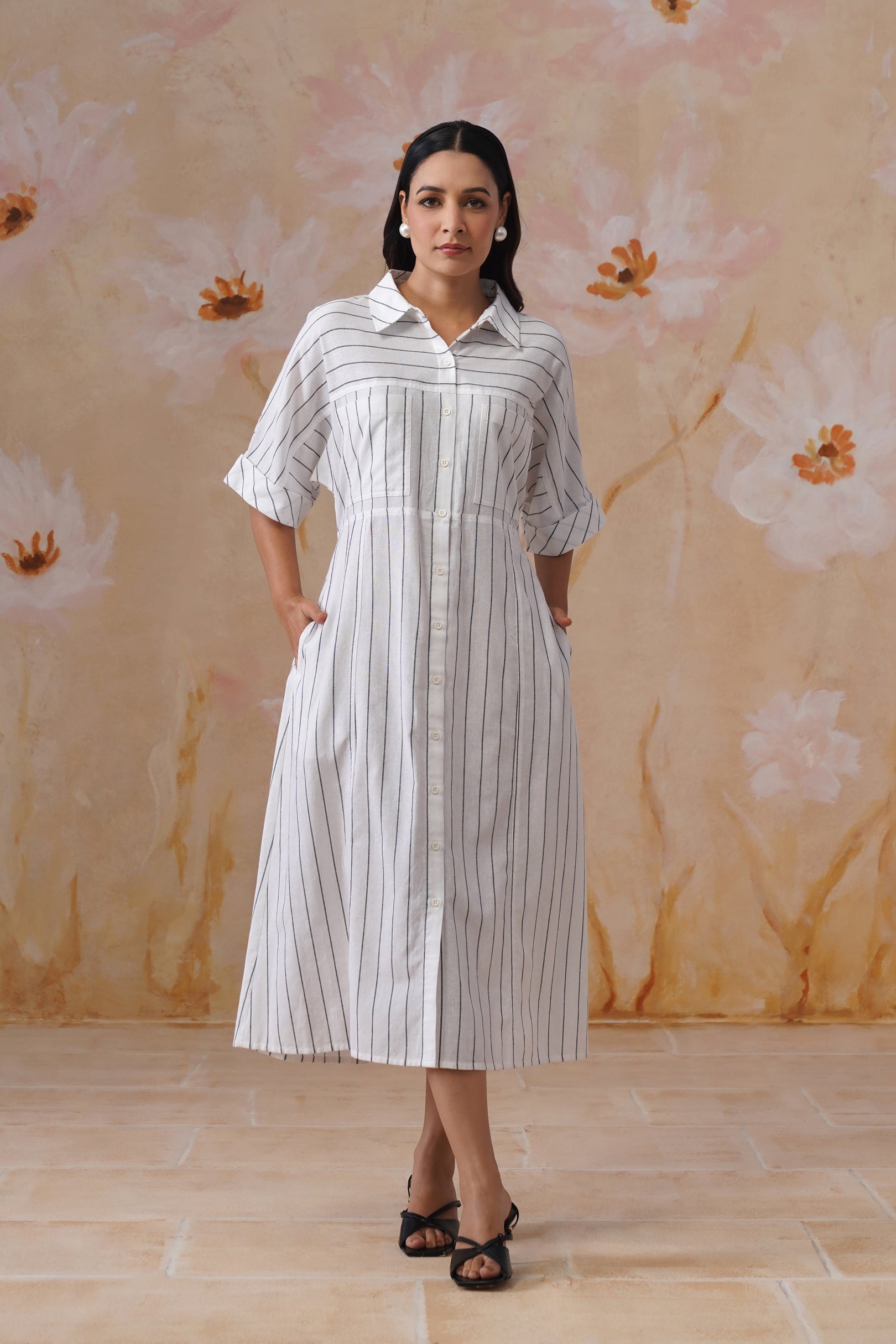 Cotton Yarn Dyed Stripe Midi Shirt Dress