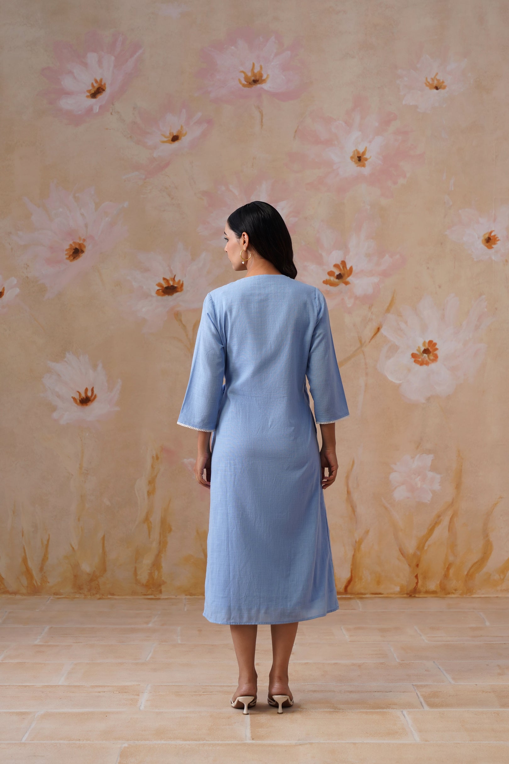 Powder Blue Embroidered Midi Wrap Dress