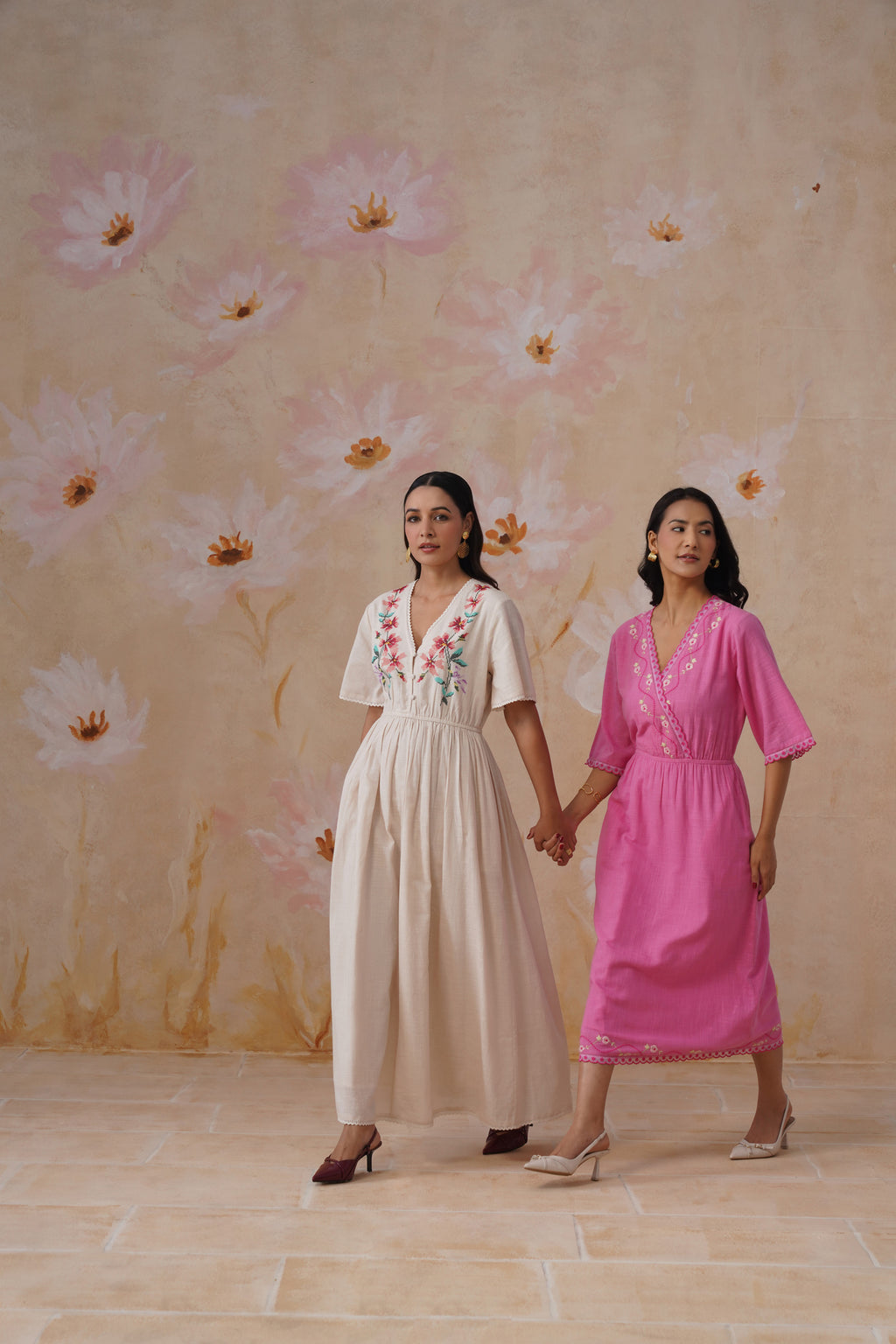 Rose Pink Embroidered Midi Dress with Organza Detailing