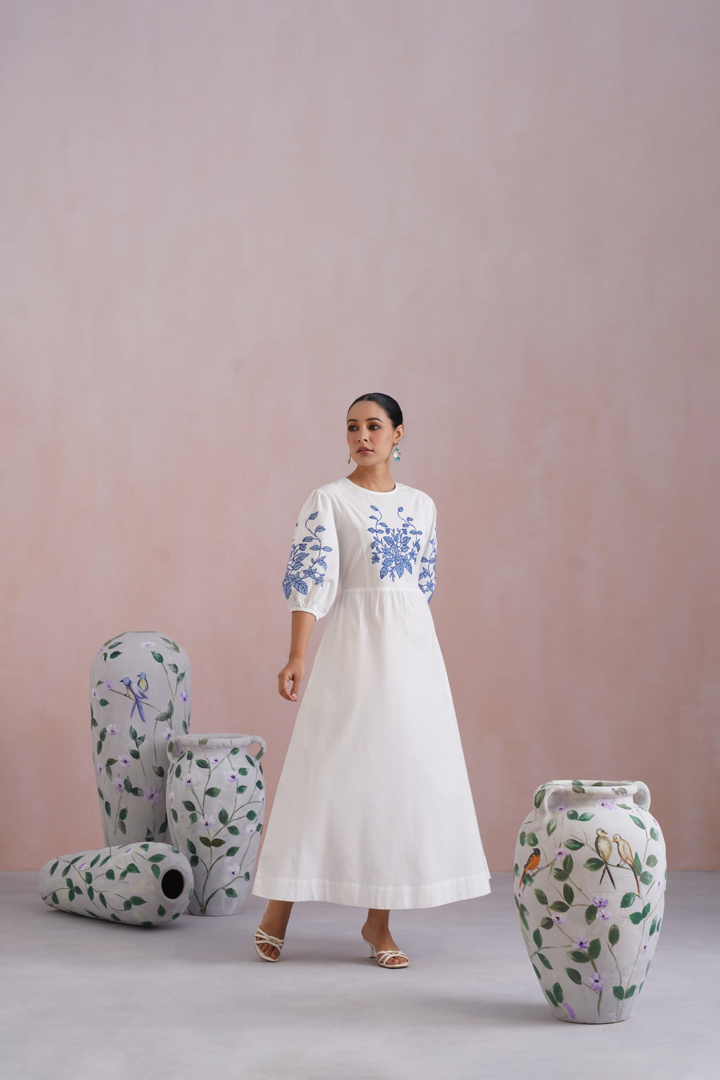 White Cross Stitch Embroidered Maxi Dress