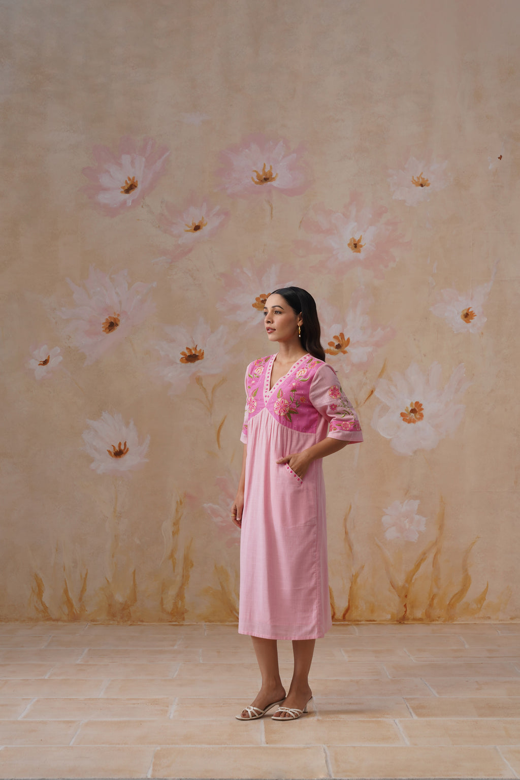 Blush Pink Floral Embroidered Midi Dress