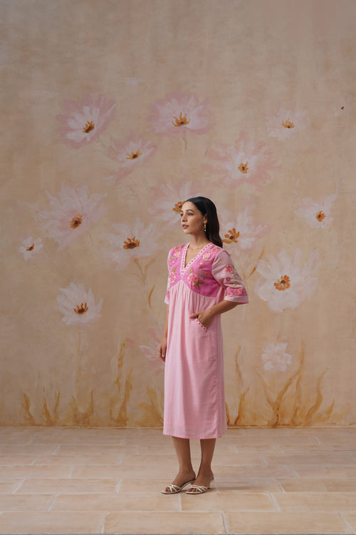 Blush Pink Floral Embroidered Midi Dress