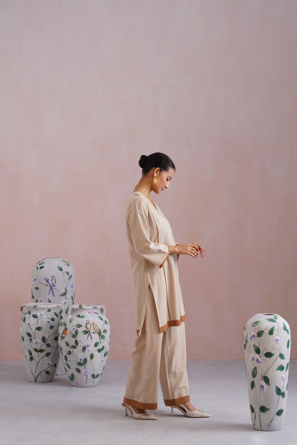 Beige Linen Blend Kurta Set with Pintucks Detailing