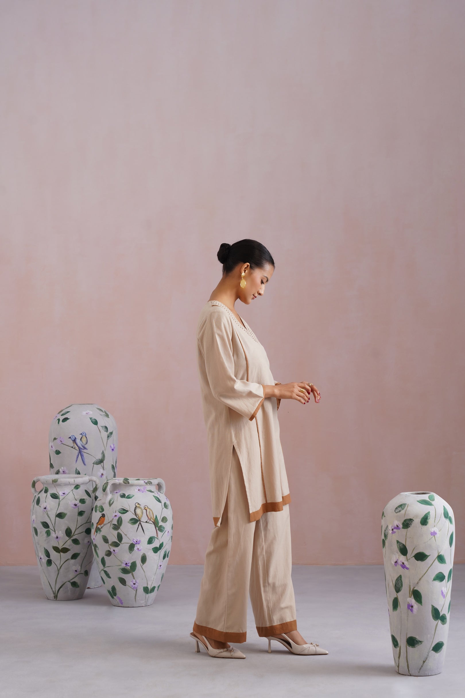 Beige Linen Blend Kurta Set with Pintucks Detailing