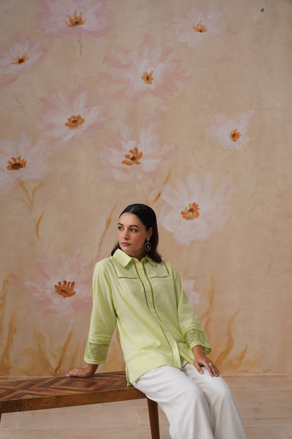 Green & white Organza Embroidered Cotton Linen Co-Ord Set