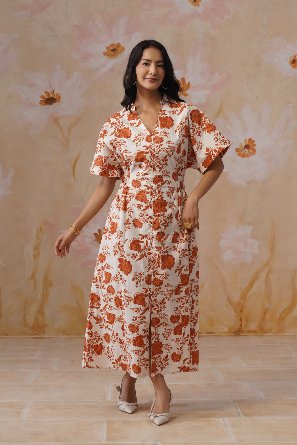 Orange Floral Cotton Maxi Dress
