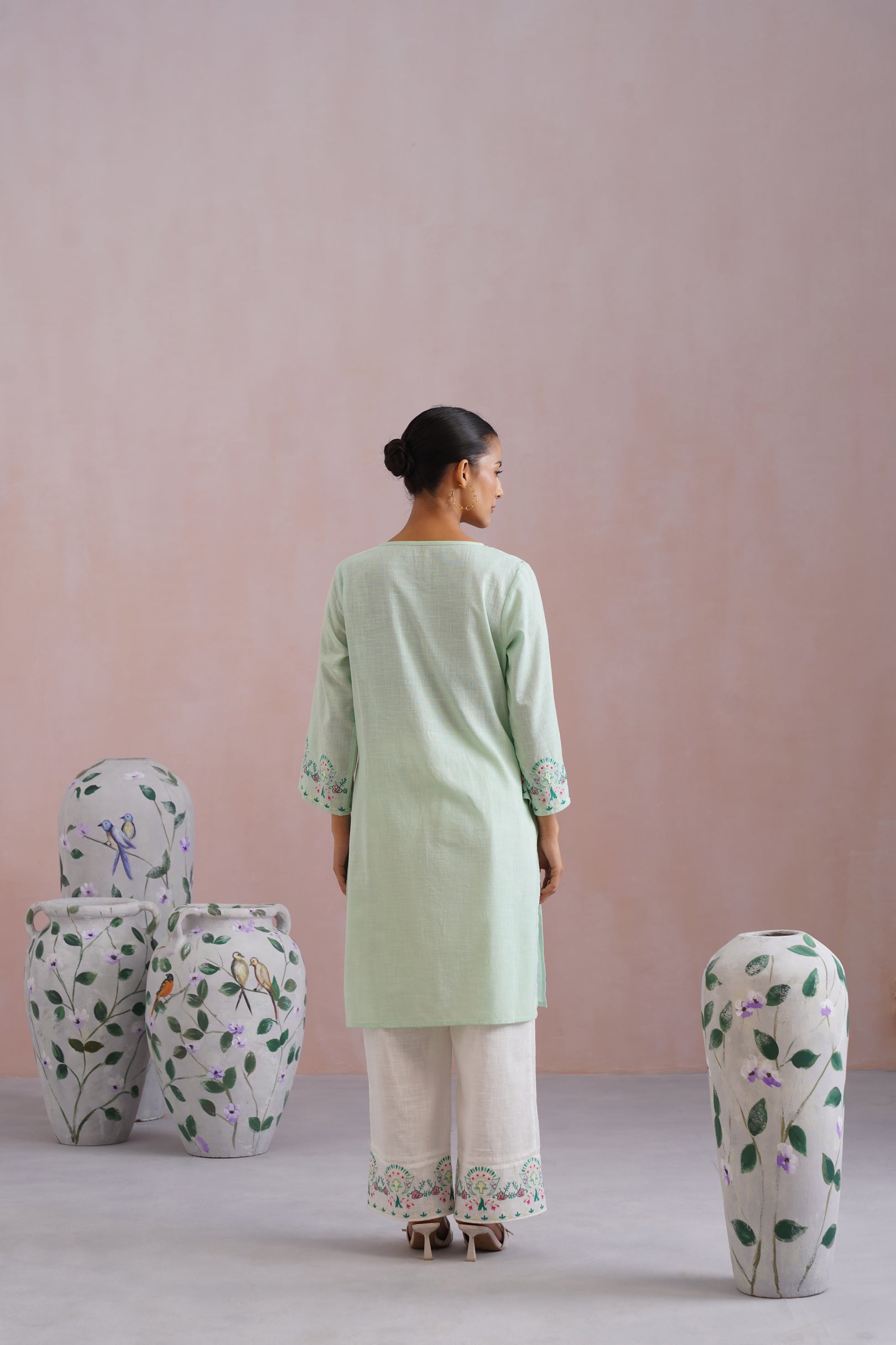 Mint-White Paisley Embroidered Kurta Set