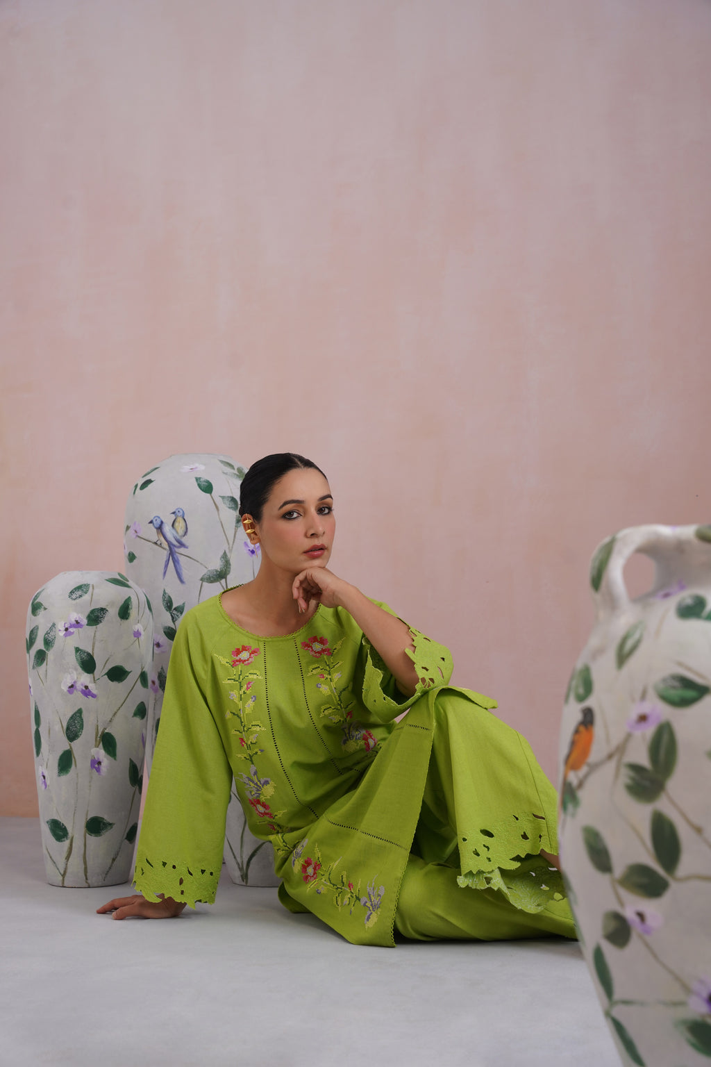 Parrot Green Cross Stitch Embroidered Linen Blend Kurta Set with cutwork detailing