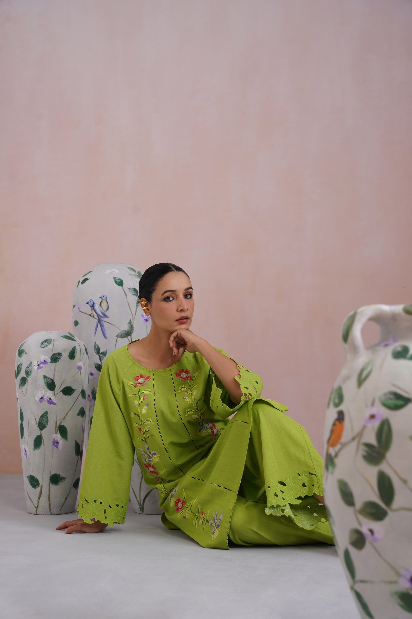 Parrot Green Cross Stitch Embroidered Linen Blend Kurta Set with cutwork detailing