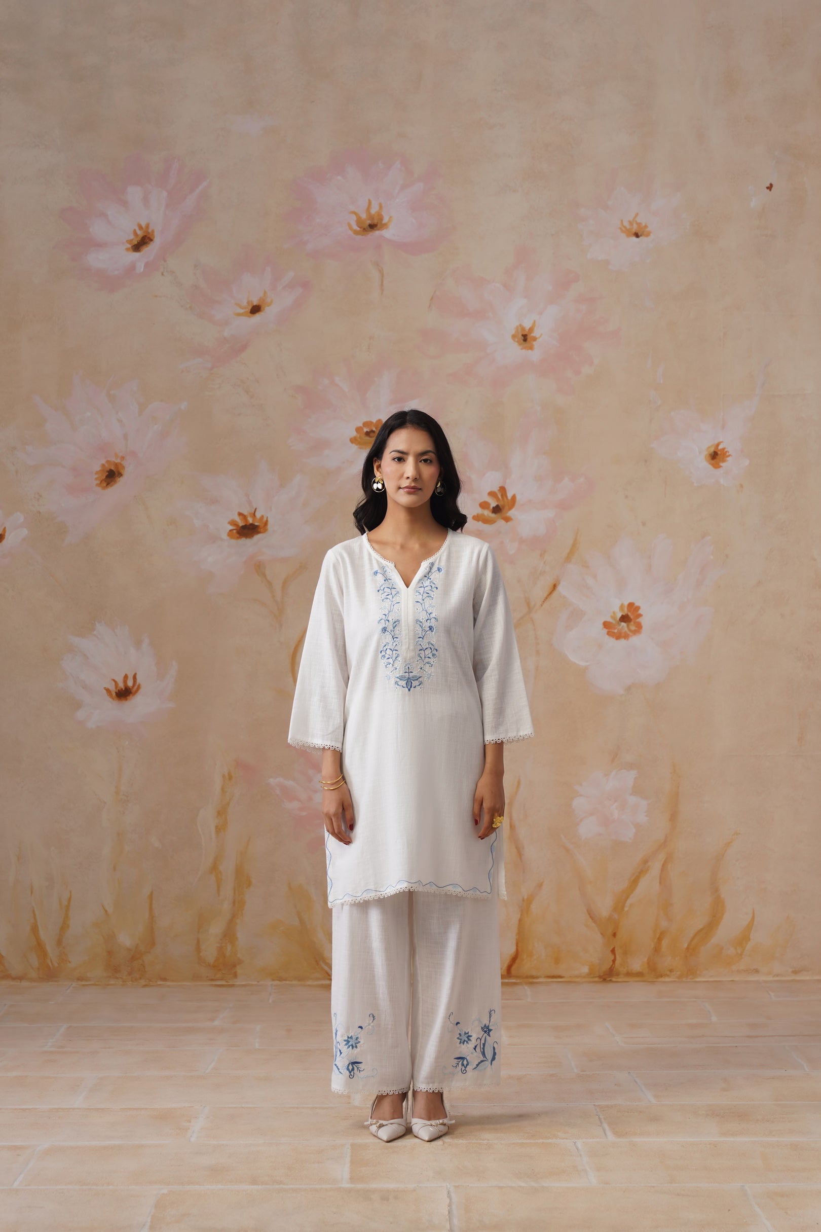 White & Blue Embroidered Kurta Set With Lace Detailing