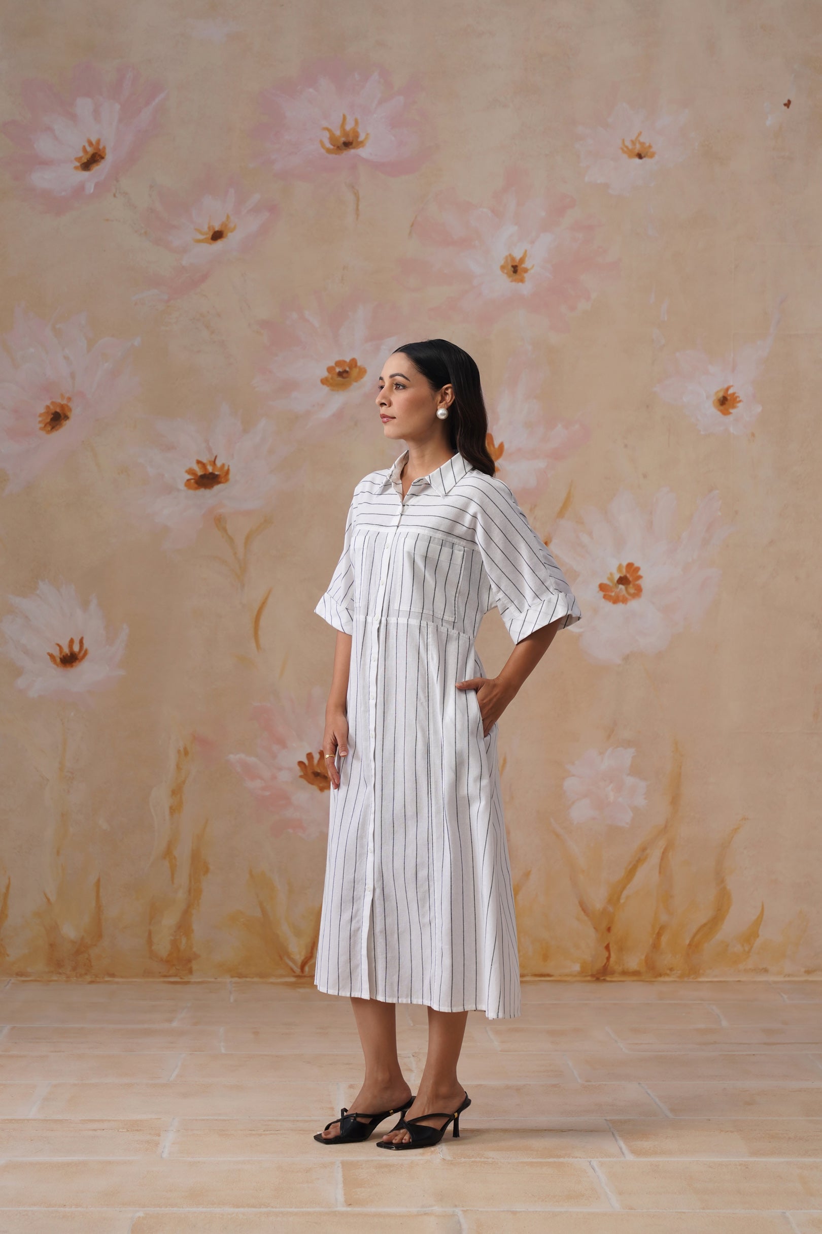 Cotton Yarn Dyed Stripe Midi Shirt Dress