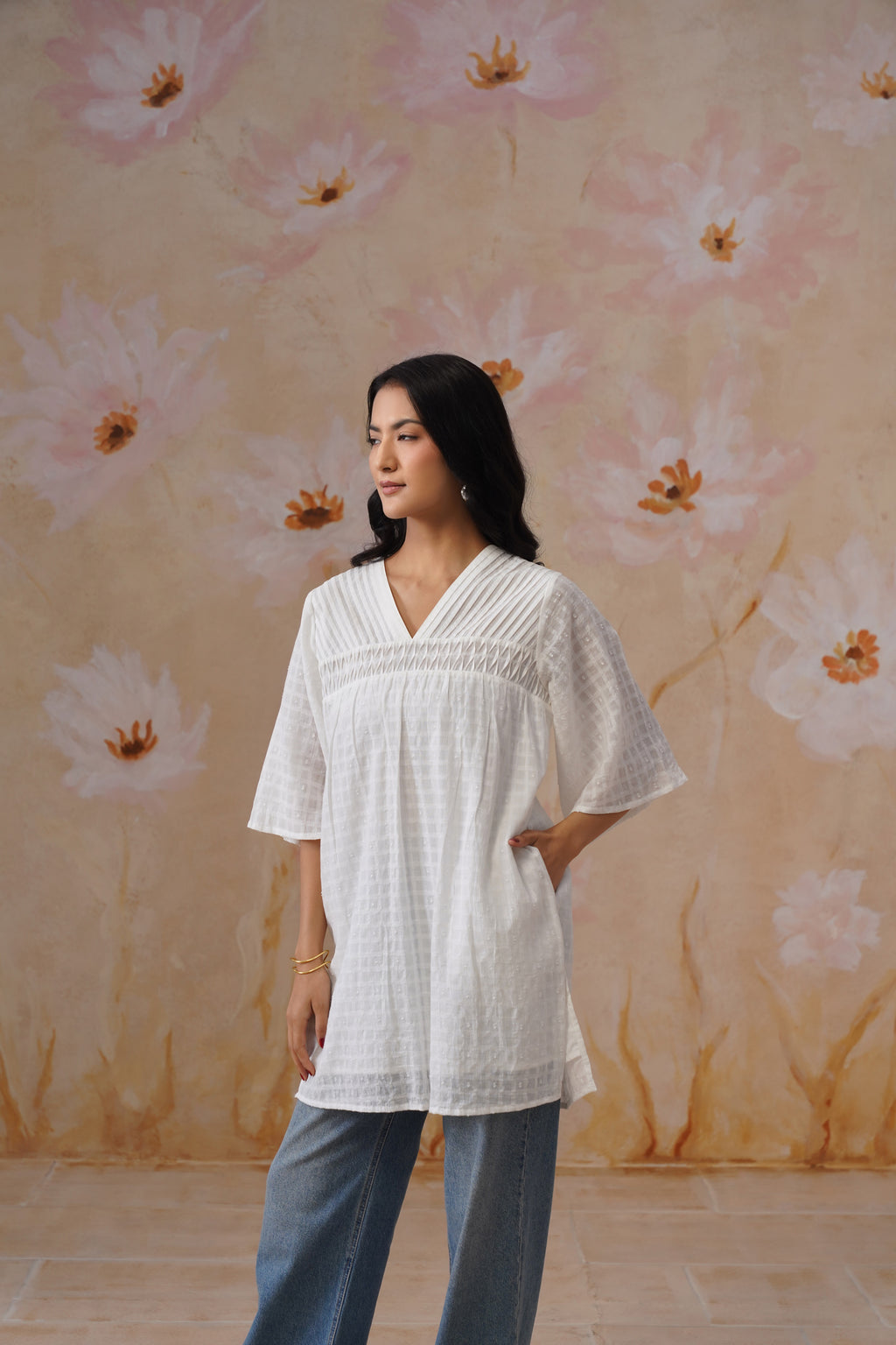 White Cotton Dobby Boxy Tunic with Pintukcs Detailing