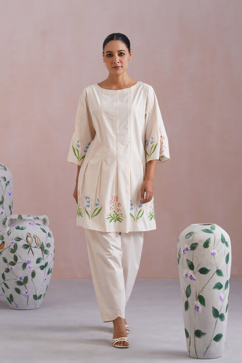 Ivory Floral Cross Stitched Embroidered Kurta Set
