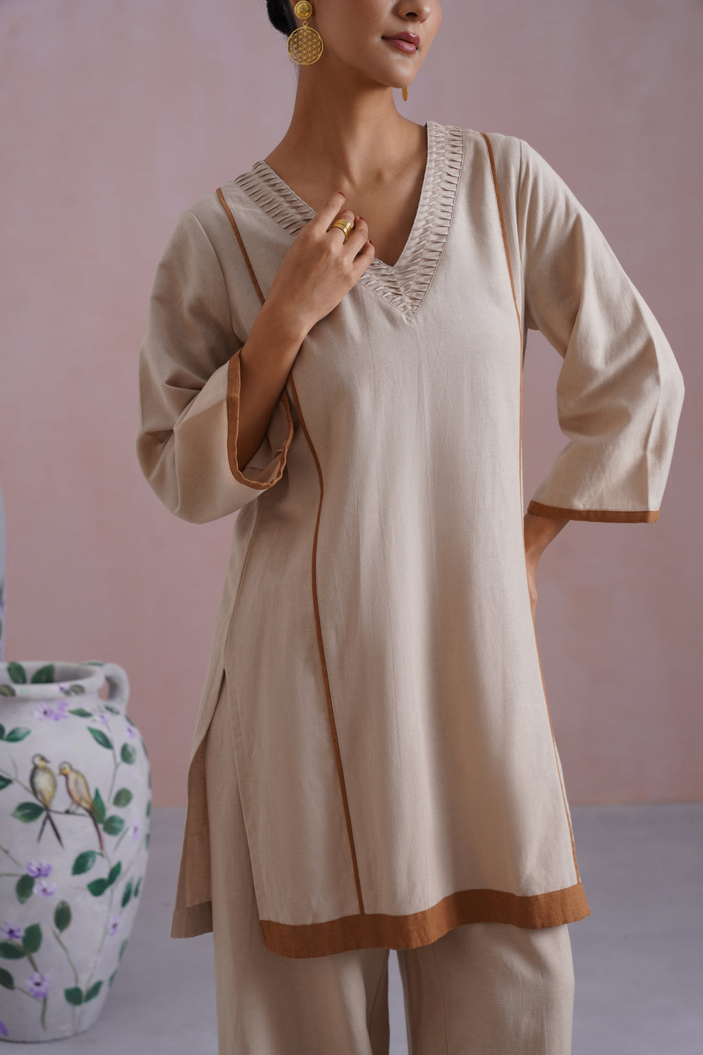 Beige Linen Blend Kurta Set with Pintucks Detailing