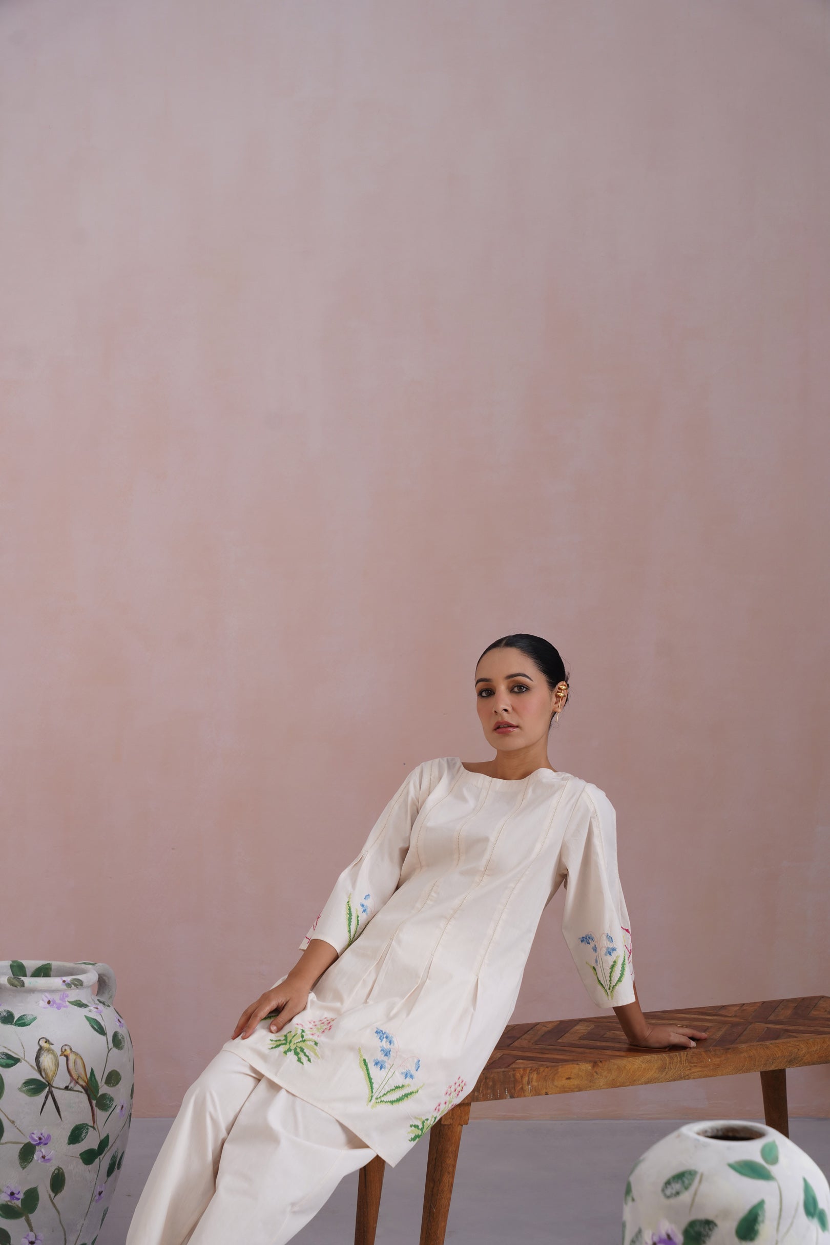 Ivory Floral Cross Stitched Embroidered Kurta Set