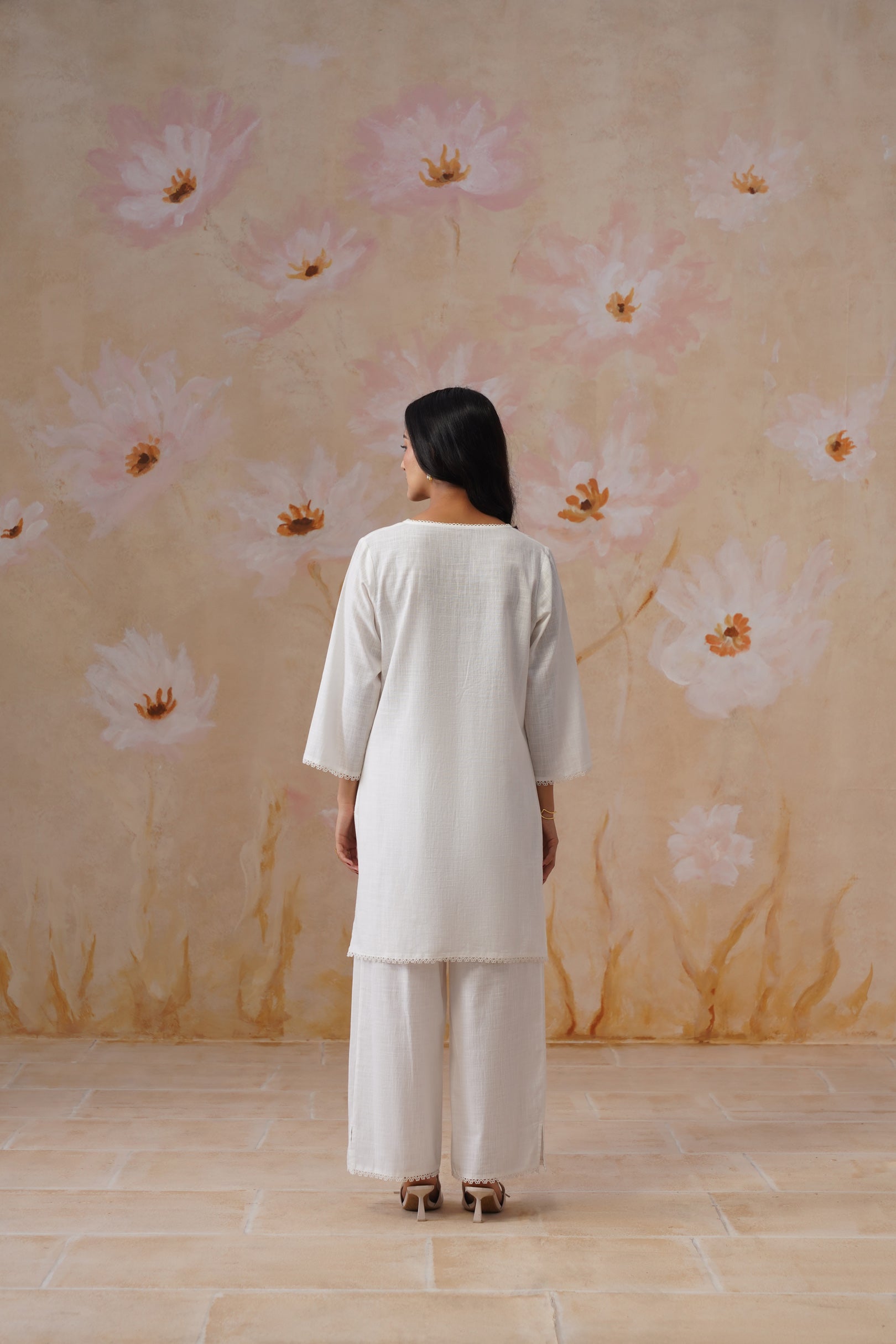 White & Blue Embroidered Kurta Set With Lace Detailing