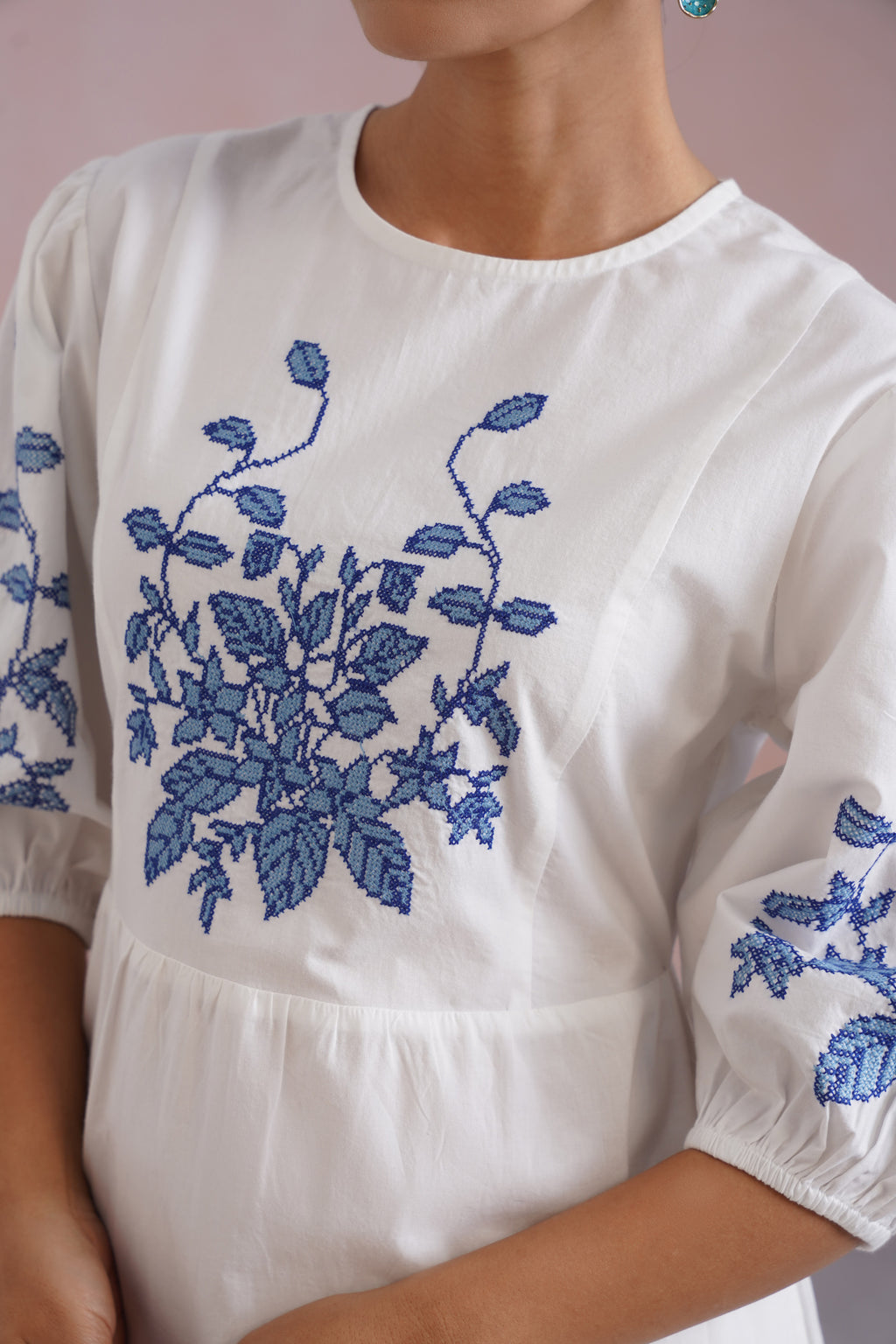 White Cross Stitch Embroidered Maxi Dress