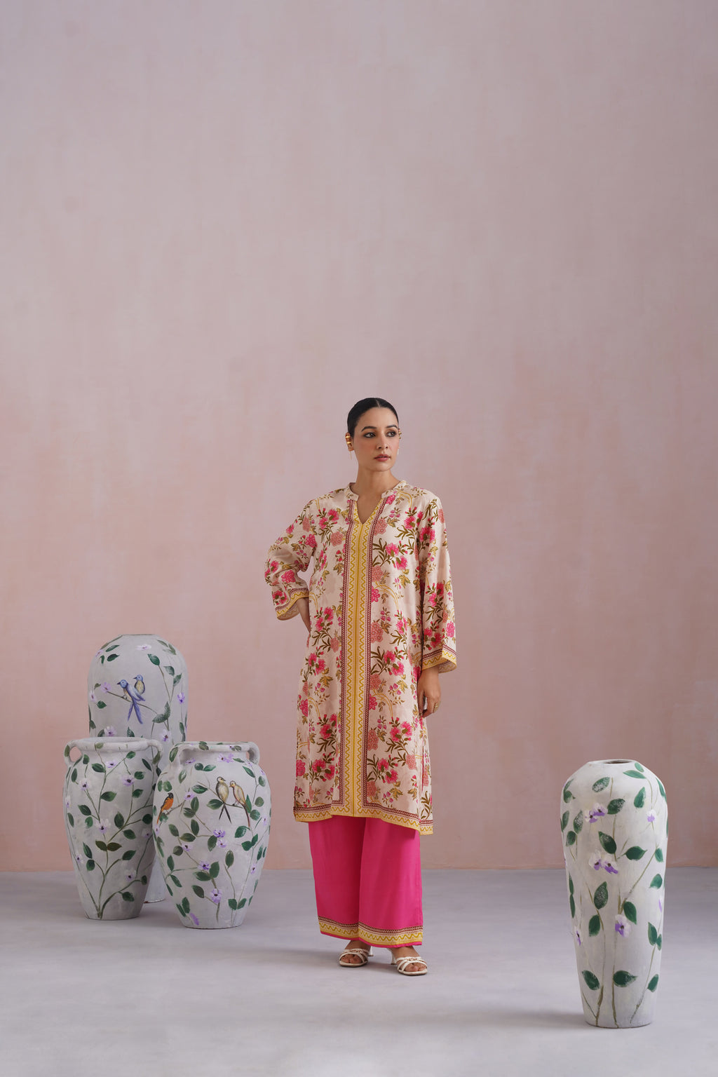Pink & Beige Floral Digital Printed Kurta Set