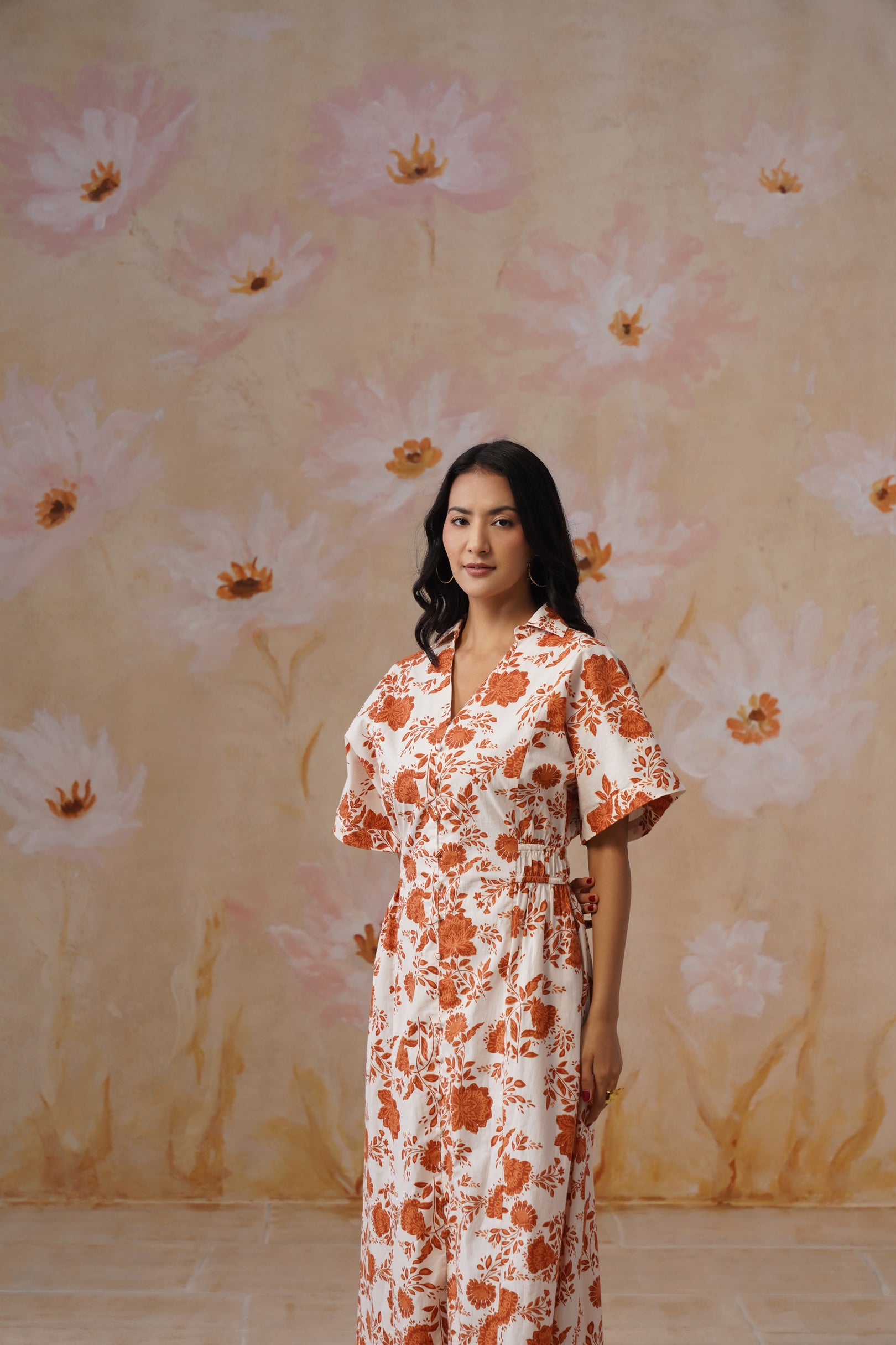 Orange Floral Cotton Maxi Dress