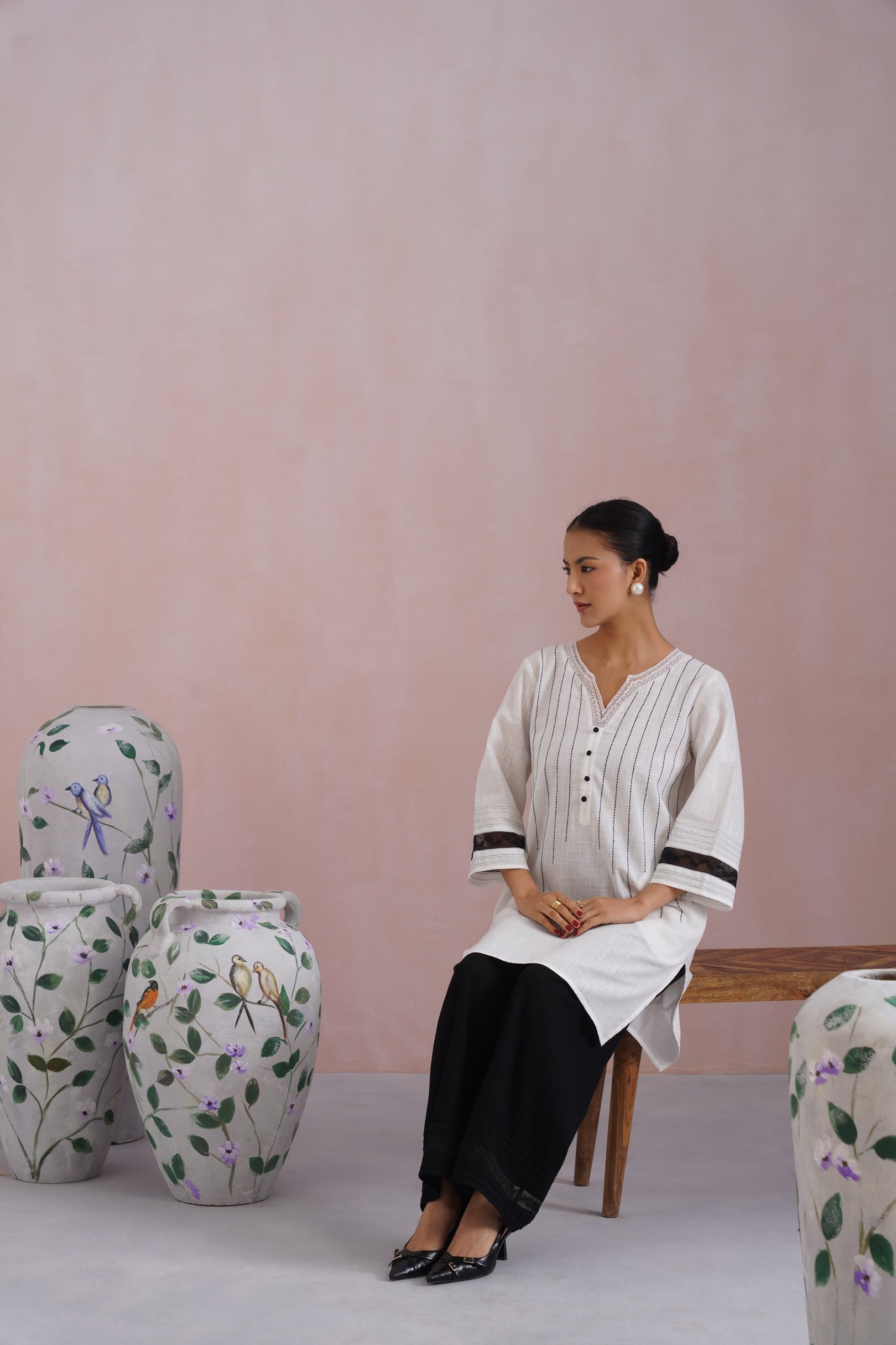 White & Black Embroidered Kurta Set with Organza Detailing