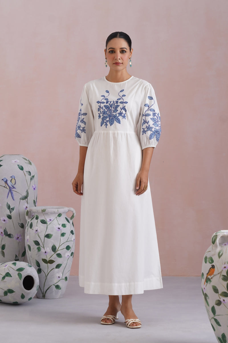 White Cross Stitch Embroidered Maxi Dress