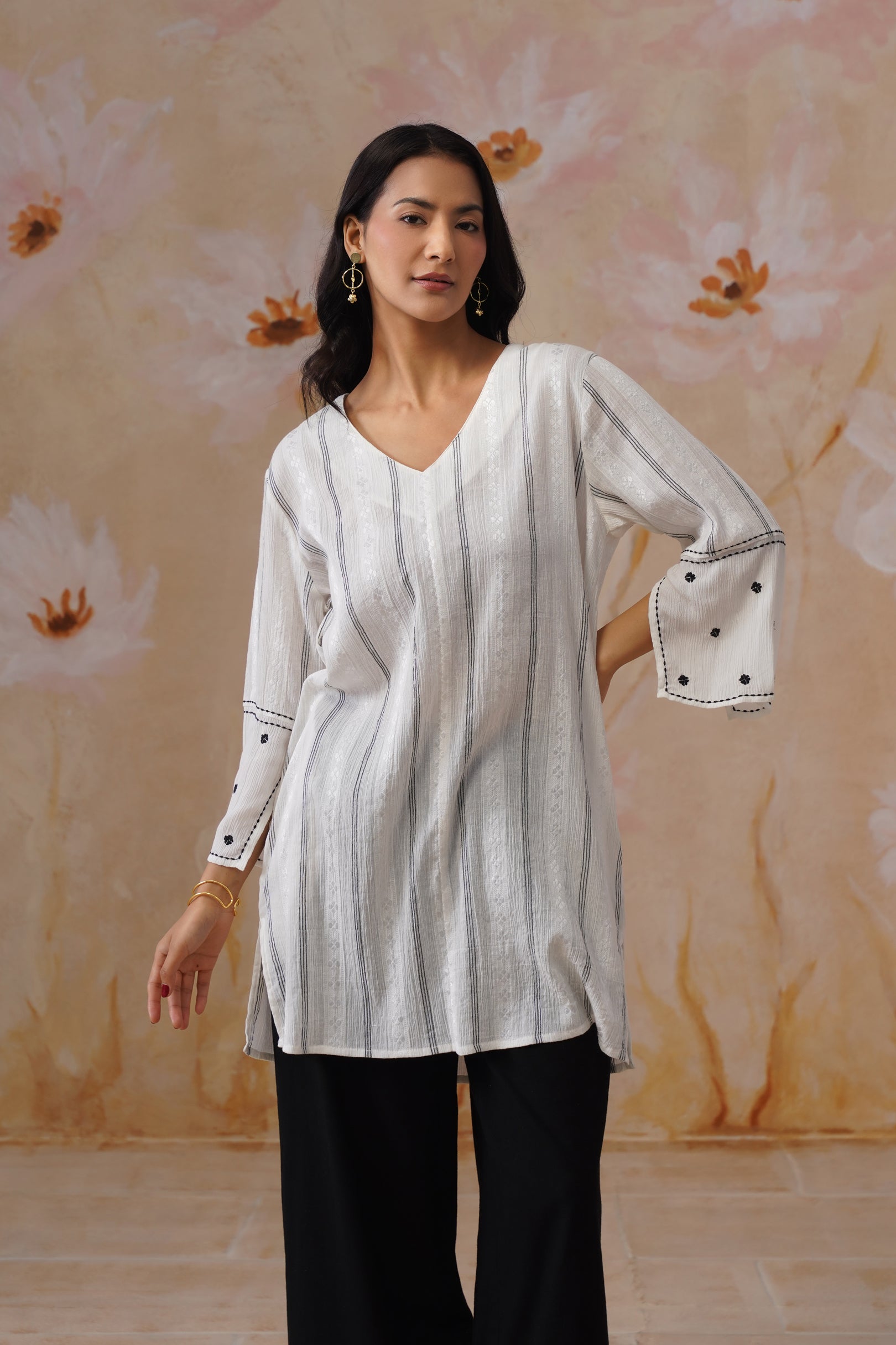 White Flowy Tunic with Sleeve Embroidery