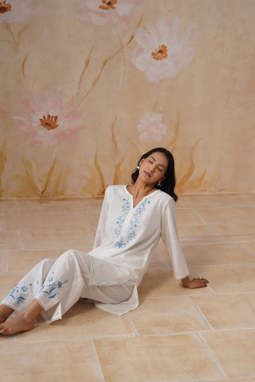 White & Blue Embroidered Kurta Set With Lace Detailing