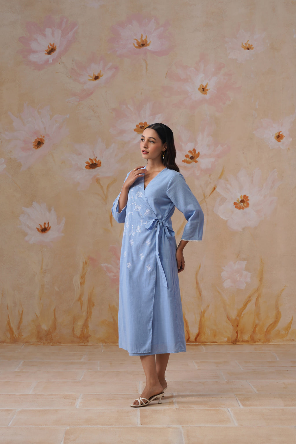Powder Blue Embroidered Midi Wrap Dress