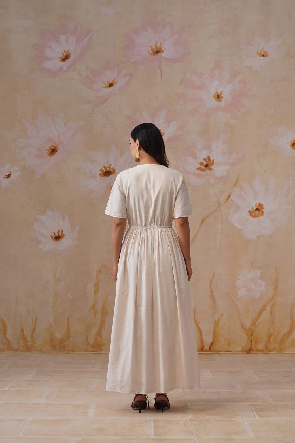 Ivory Floral Cross-Stitch Embroidery Maxi Dress