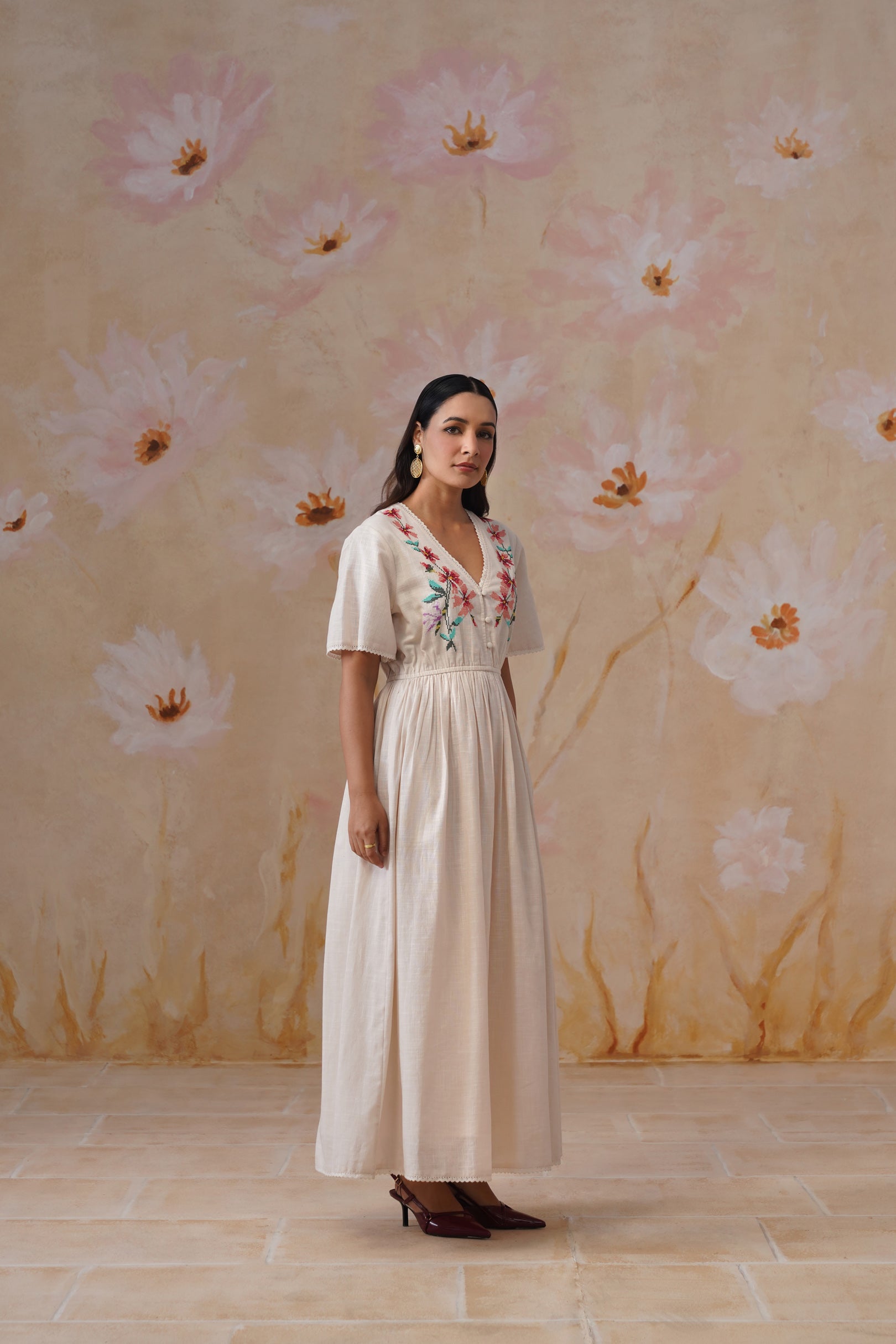 Ivory Floral Cross-Stitch Embroidery Maxi Dress