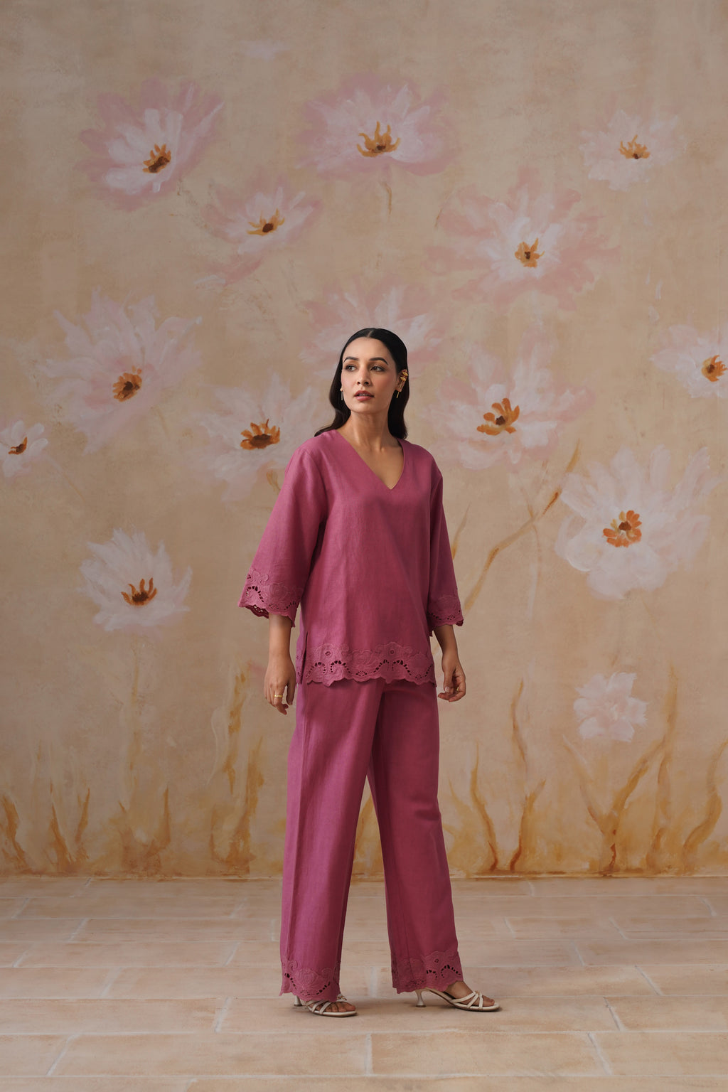 Dusty Pink Linen-Blend Broderie Co-Ord