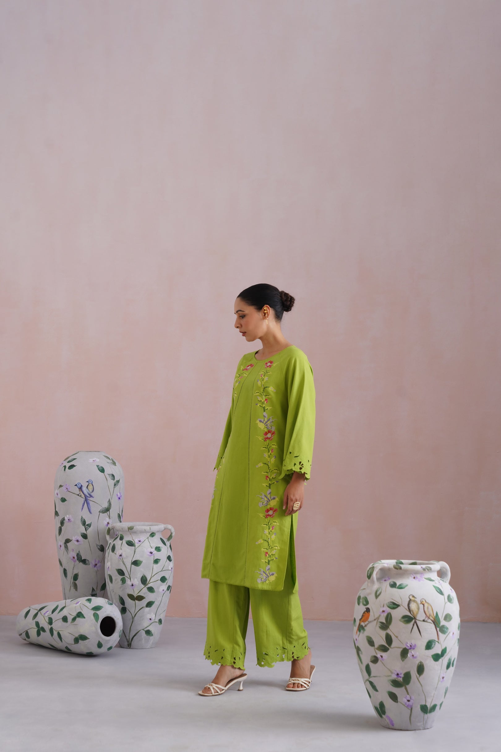 Parrot Green Cross Stitch Embroidered Linen Blend Kurta Set with cutwork detailing