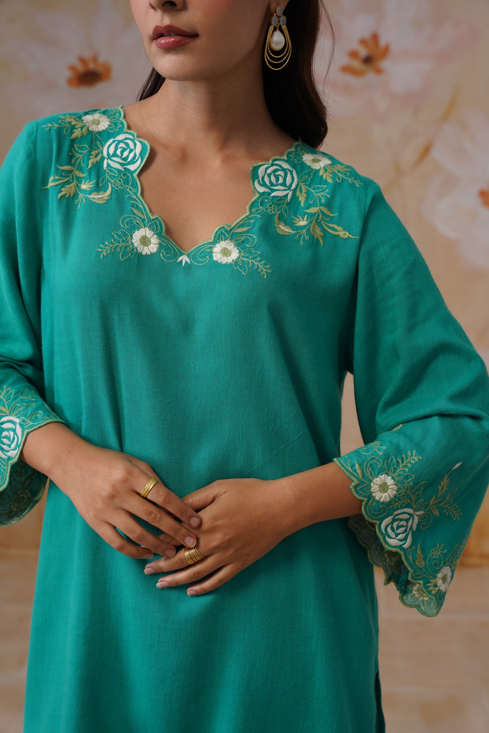 Teal Embroidered Kurta Set With Cutwork Detailing