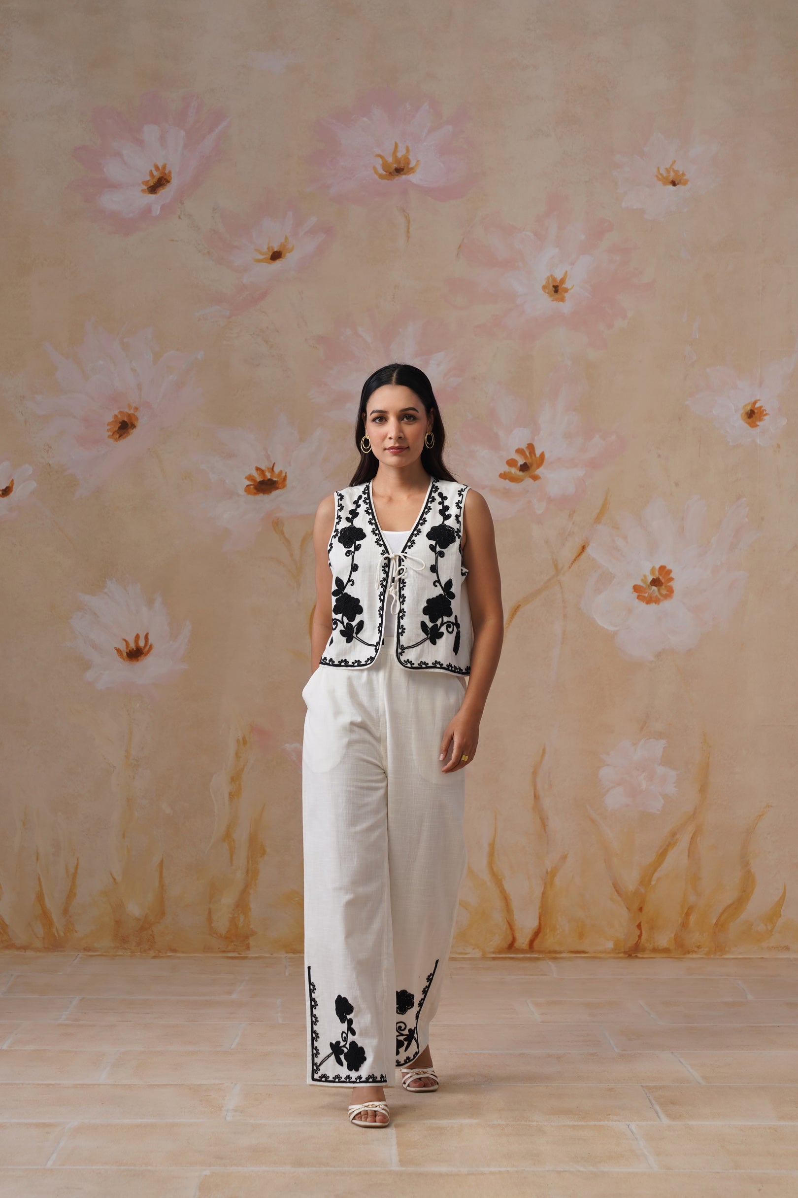 White & Noir Dori Embroidered Vest Set