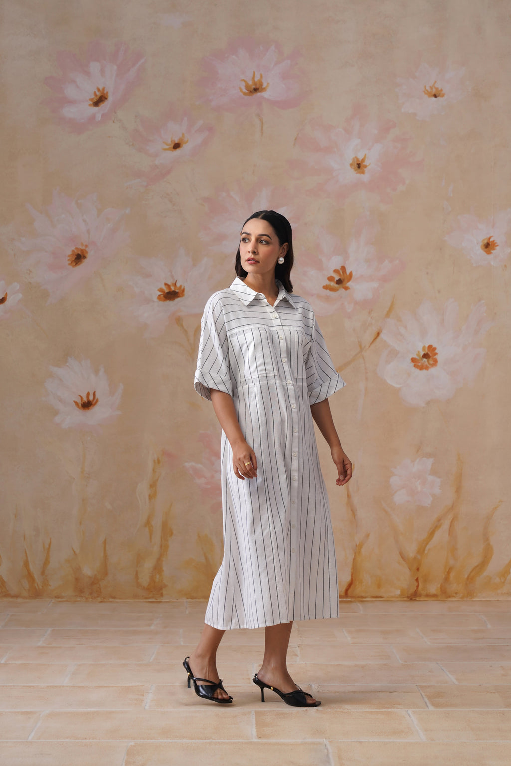 Cotton Yarn Dyed Stripe Midi Shirt Dress
