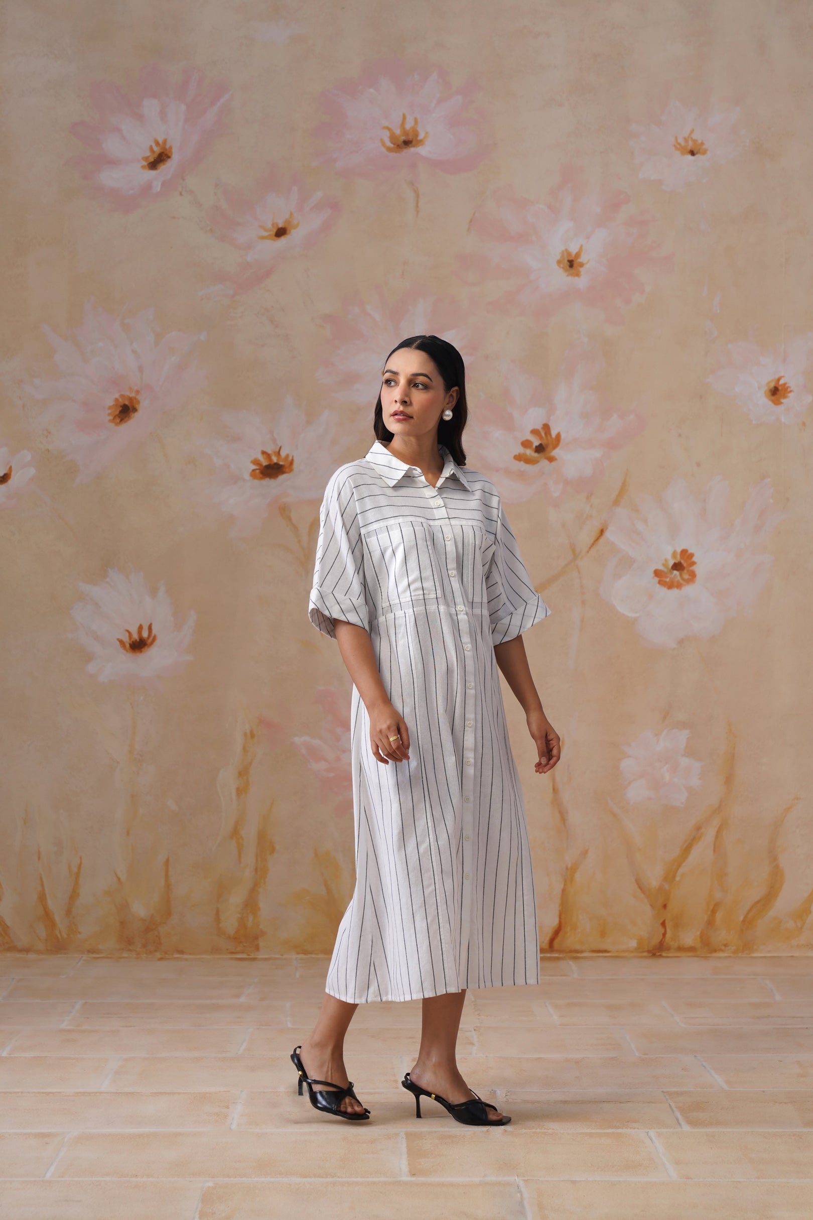 Cotton Yarn Dyed Stripe Midi Shirt Dress