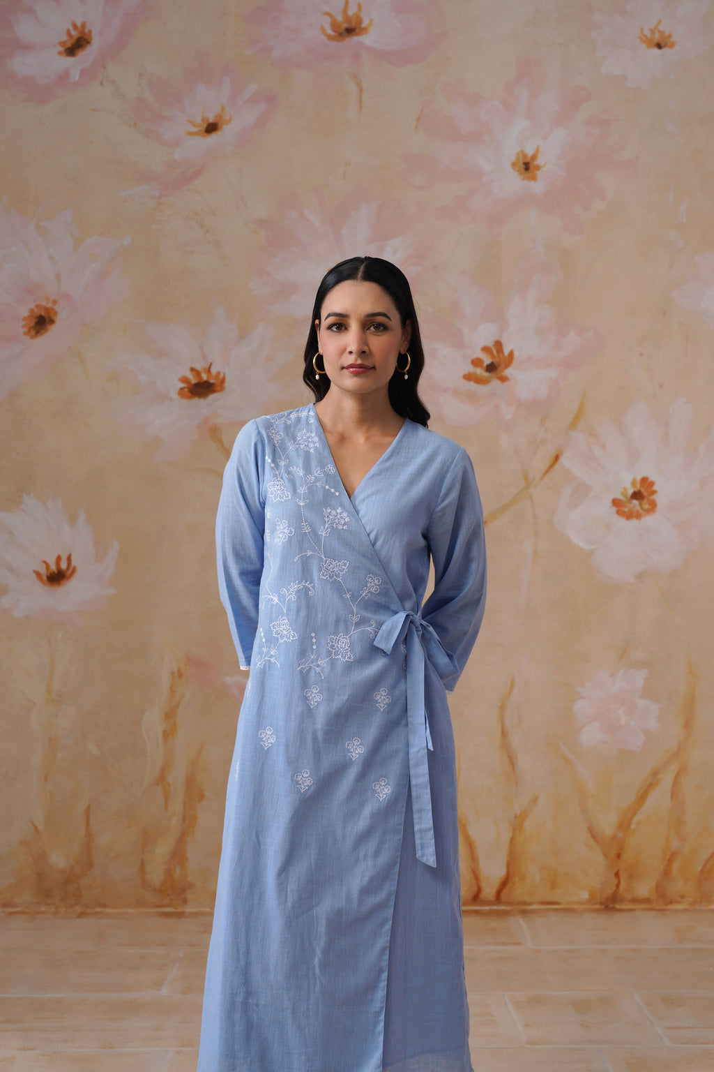 Powder Blue Embroidered Midi Wrap Dress