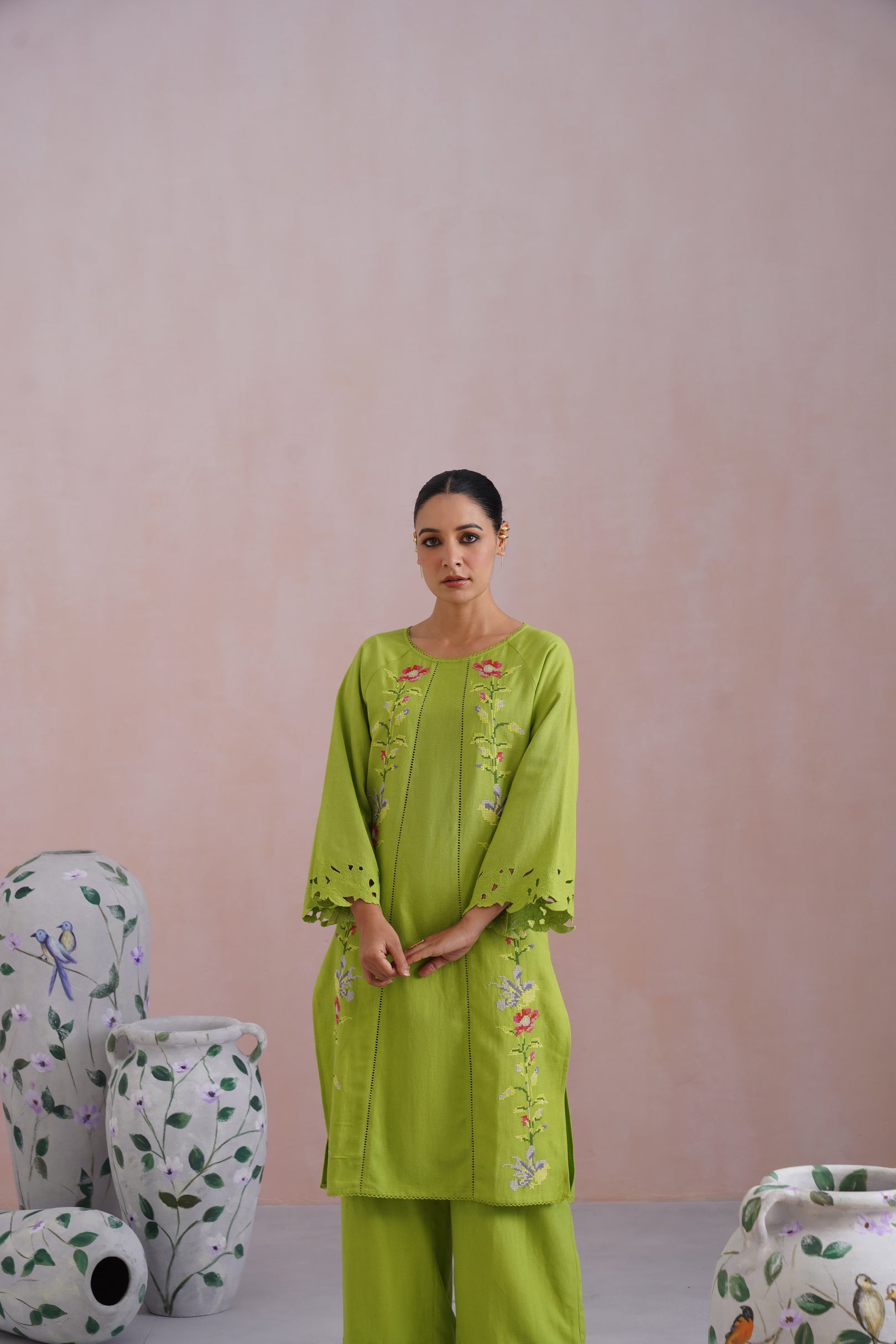 Parrot Green Cross Stitch Embroidered Linen Blend Kurta Set with cutwork detailing